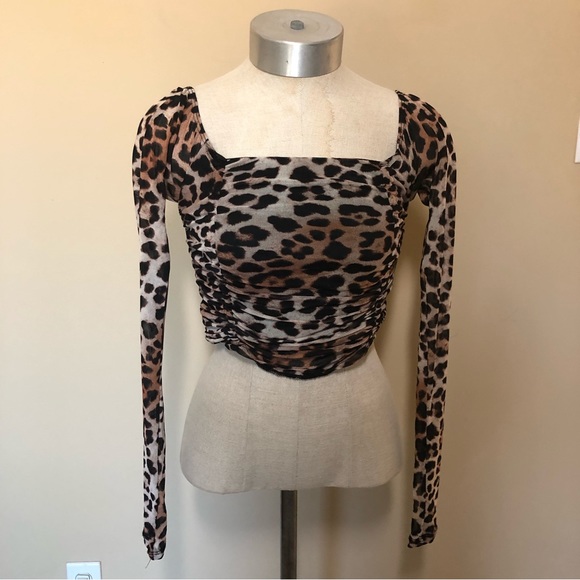 Urban Outfitters Tops - Urban outfitters mesh leopard print square neck crop top ruched